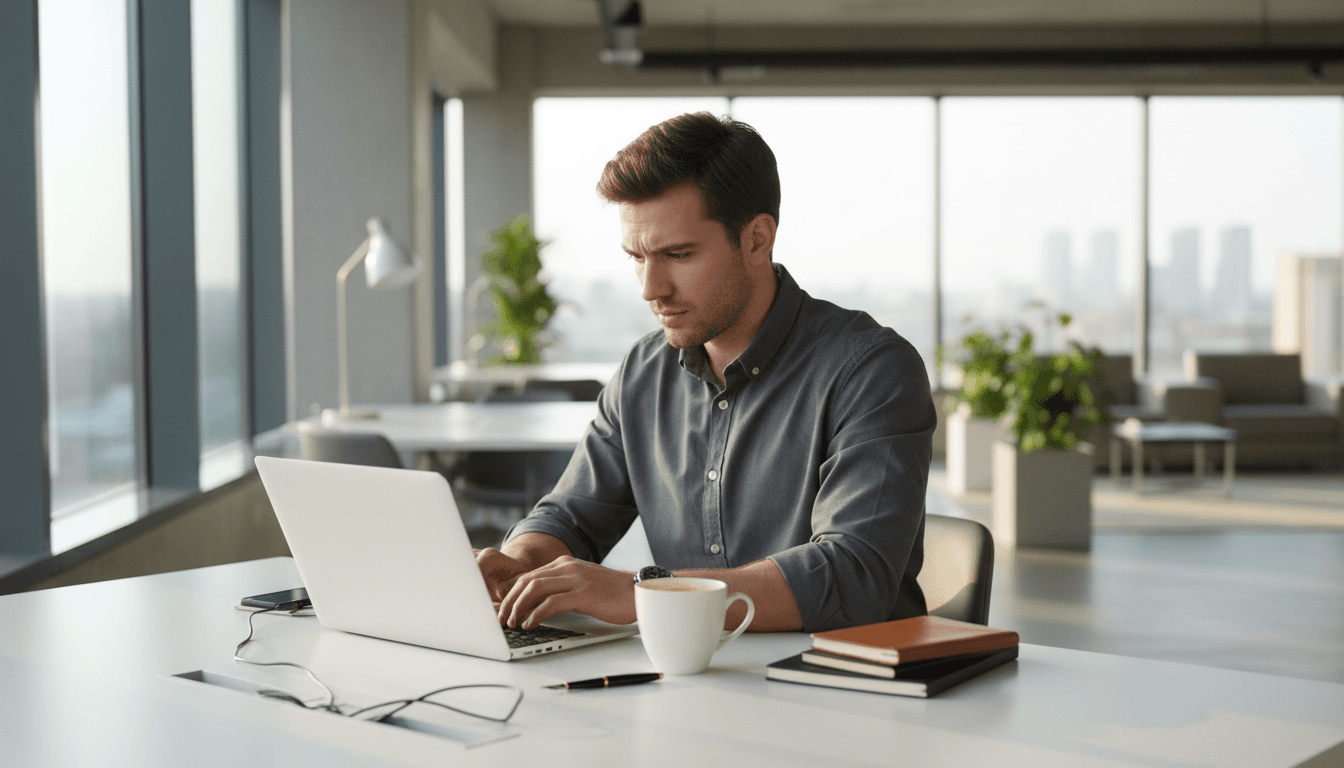 Jeune homme professionnel dans un espace de travail moderne et organisé, déterminé et concentré