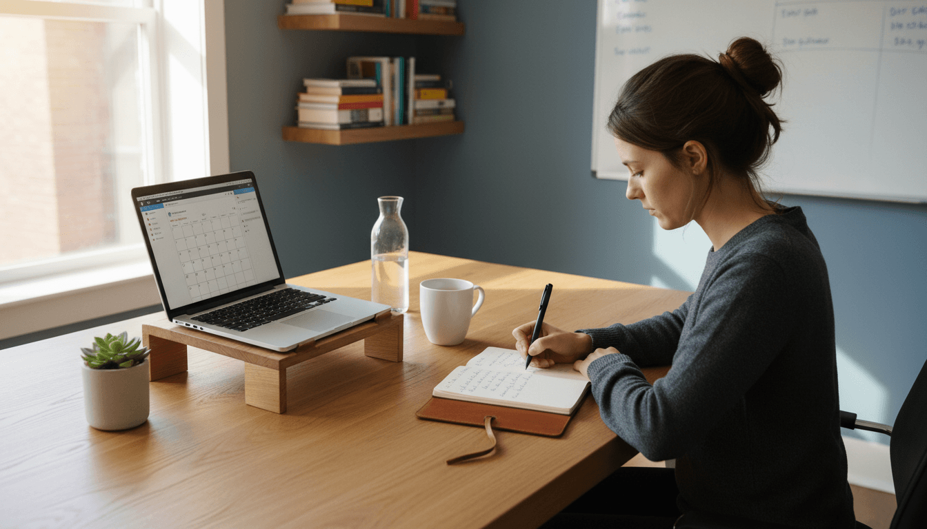 Espace de travail professionnel organisé avec cahiers, stylos et ordinateur dans une ambiance moderne et claire